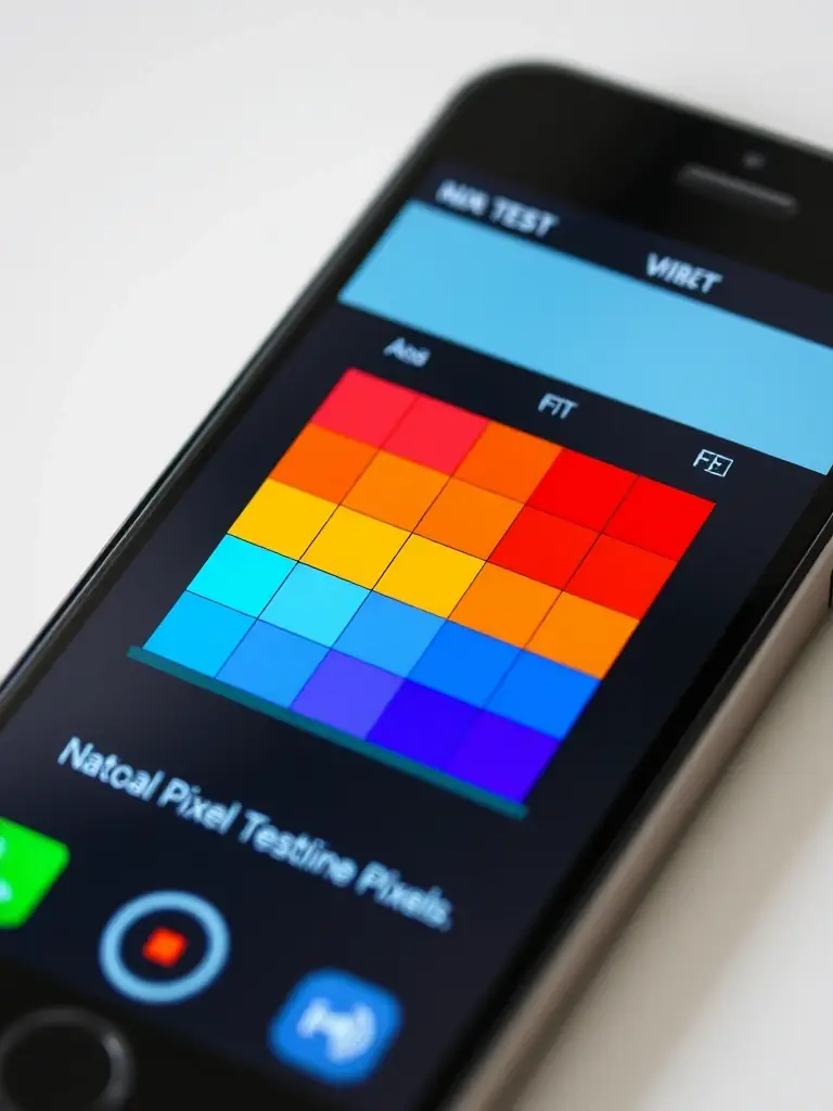 A close-up photo of a smartphone screen displaying a grid of colors, used for an LCD test, ensuring no dead pixels are visible, in the context of a FreeToolOnline.com blog post about device testing tools.