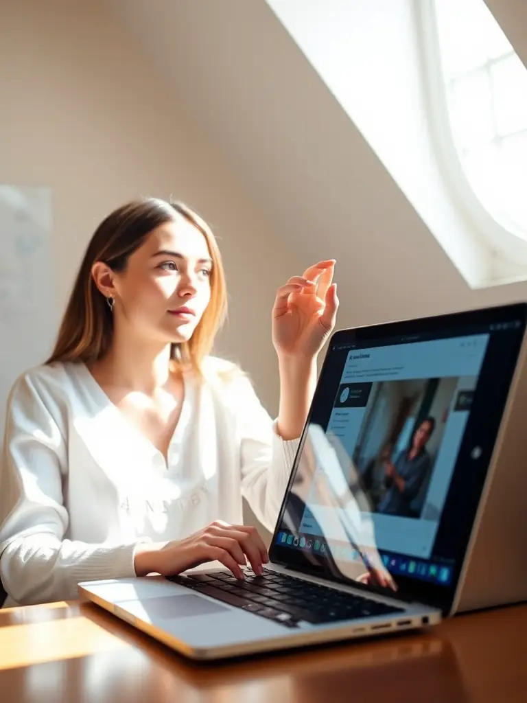 A person using a webcam on their laptop, with the FreeToolOnline.com Camera Test interface visible on the screen, in a well-lit room, for a blog post.